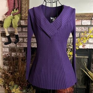 Love By Design Purple Ribbed V-Neck Long Sleeve Sweater Top with Cowl Neck Sz M